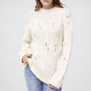 525 America New Abigail Funnel Neck Cable Knit Embroidered Sweater SZ Medium